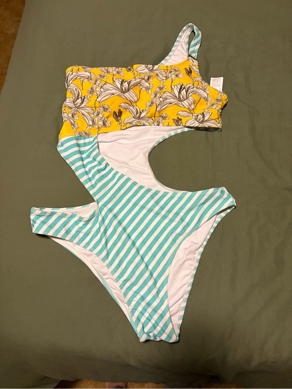 Yellow Floral & Aqua Stripe One-Piece Swimsuit NWOT